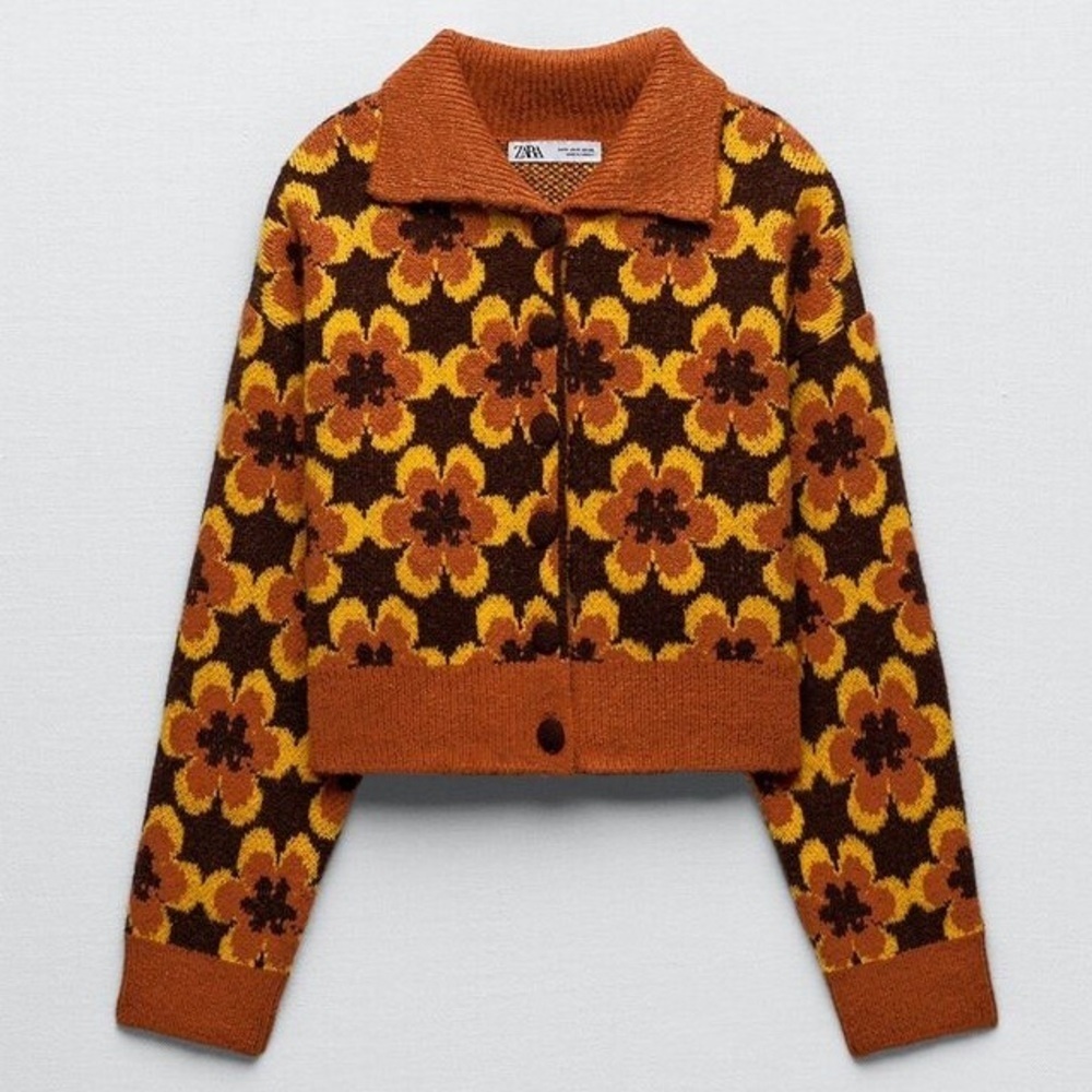 Zara Geometric Knit Jacquard Cropped Sweater Floral sz M - Picture 1 of 8